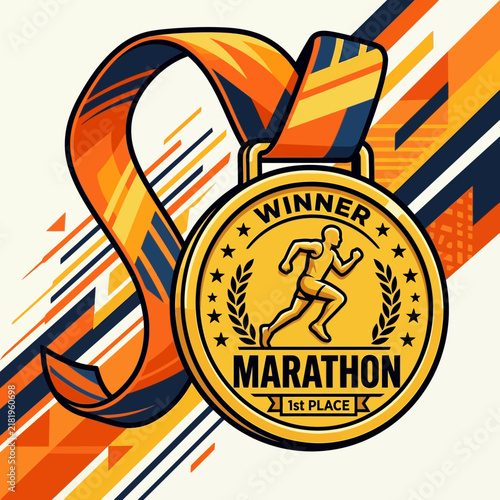 Golden Marathon Winner Medal With Dynamic Ribbon And Abstract Background