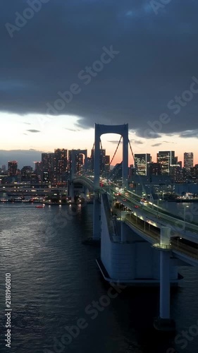 Vertical video.Tokyo Bay Cityscape with Rainbow Bridge and Skyscrapers