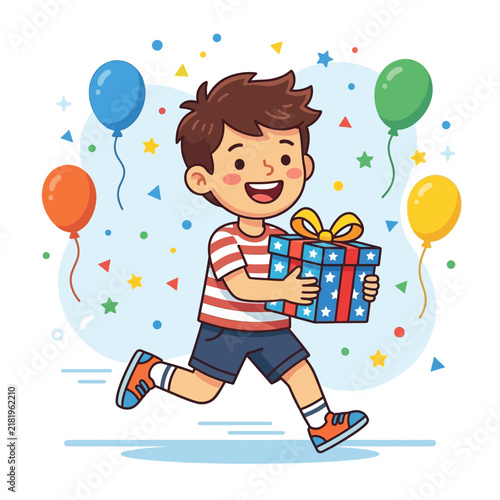Excited Boy Running With Birthday Gift And Balloons Festive Celebration