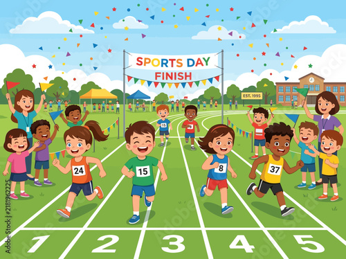 Excited Children Compete In A Vibrant School Sports Day Race
