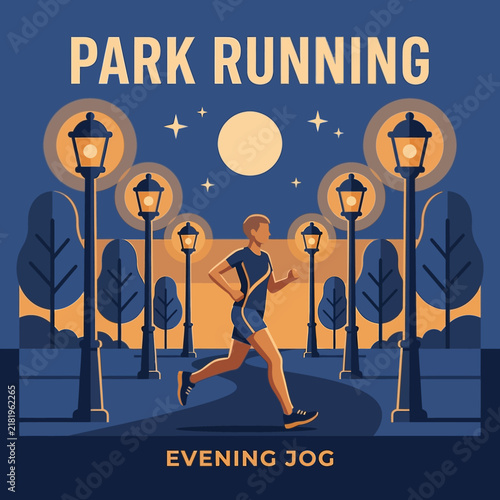 Evening Park Jogging Fitness Scene Under Moonlit Sky With Lampposts