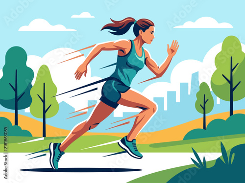 Energetic Female Runner In Full Sprint Motion Through A Vibrant Park Setting