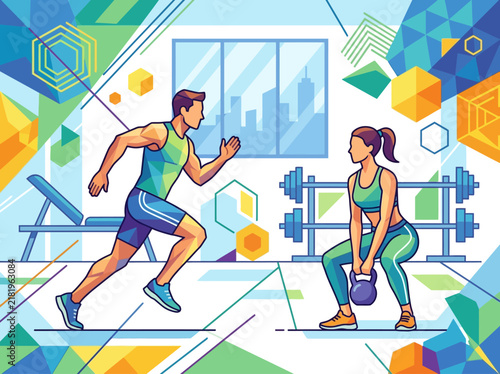 Energetic Fitness Duo Exercising Together In Modern Gym