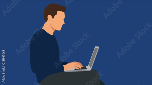 Man using laptop computer for remote work and digital learning minimalist flat vector illustration for freelance business and online education services