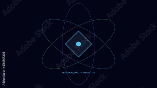 Quantum ai core initialized abstract motion with rotating orbital rings and digital diamond interface animation 4k