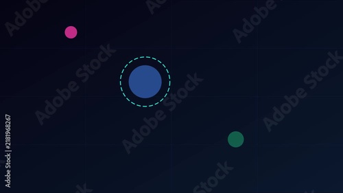Abstract motion with pulsing blue circle and floating colorful orbs on dark grid animation 4k background