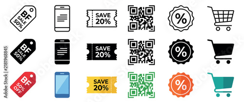 Shopping discount mobile QR code cart icons set featuring various symbols for e-commerce, online sales, and digital marketing promotions.