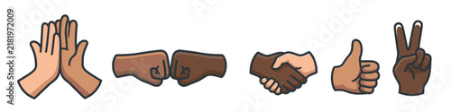 Diverse hands performing various gestures of communication and agreement, symbolizing unity, partnership, and social interaction in a friendly cartoon style.