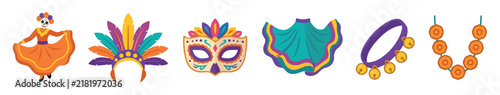 Colorful festival celebration elements including traditional dancer, feathered headdress, sugar skull mask, ruffled skirt, and festive accessories for cultural events.