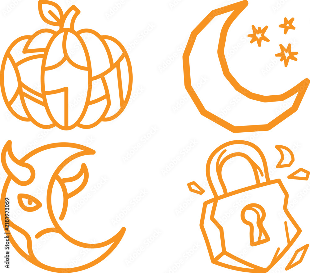 Obraz premium Orange Halloween doodle vector icon set featuring pumpkin crescent moon with stars devil moon and padlock for spooky autumn designs