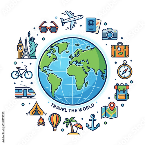 Global Travel and Adventure Icons Surrounding Earth Illustration.