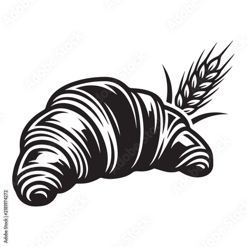 Vintage monochrome croissant with wheat ear illustration.