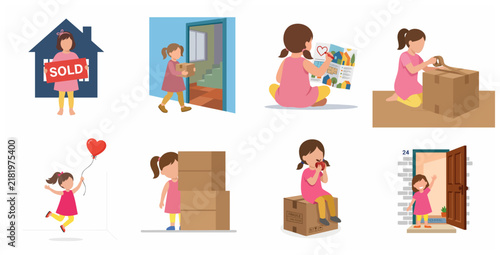 Set of illustrations featuring a little girl moving into a new home, packing boxes, holding a sold sign, and celebrating a new beginning.