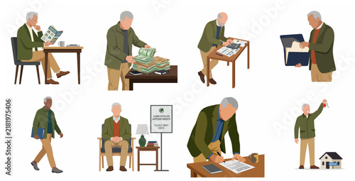 Senior man financial planning and home buying process illustration set