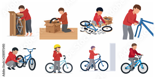 Flat vector set of a boy unboxing, assembling, and riding a new bicycle, depicting step-by-step DIY process and childhood activity
