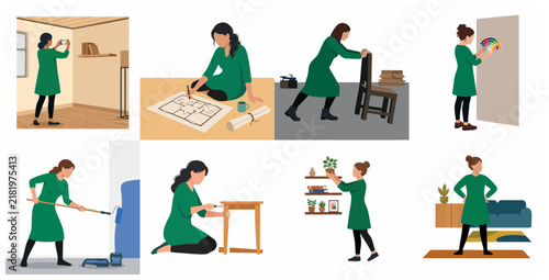 Set of Flat Illustrations Showing a Woman Engaged in DIY Home Improvement and Interior Renovation