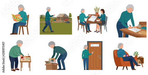 Senior woman retirement planning and moving house flat vector illustration set