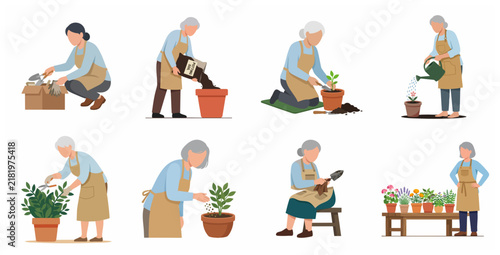 Senior woman gardening character set, elderly lady planting, watering and pruning plants, flat vector illustration
