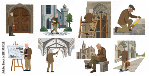 Professional architect and restoration expert inspecting and studying historic gothic buildings and stone heritage sites illustration set