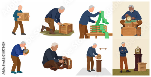 Elderly man unpacking and repairing antique clocks collection flat vector illustration set