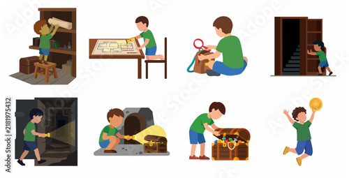 Set of illustrations depicting a young boy on a treasure hunt adventure, finding a secret passage and a hidden chest of gold.