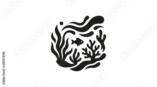 Stylized underwater scene with fish and marine plants in a circular design.