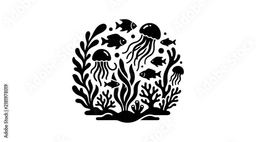 Stylized underwater scene with jellyfish, fish, and coral in a circular design.