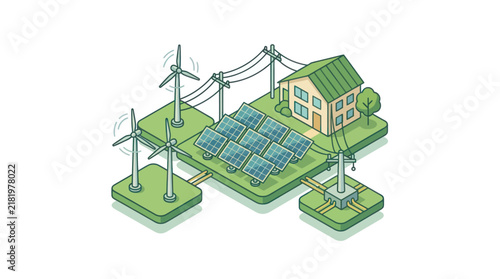 Sustainable Energy Home with Solar Panels and Wind Turbines.