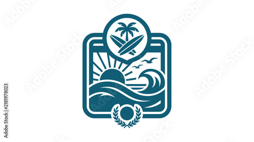 Surf Beach Paradise Emblem with Palm Trees and Ocean Waves.
