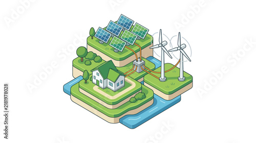 Sustainable energy landscape with solar panels, wind turbines, and green house.