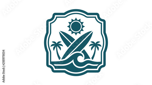 Surfboard and Palm Trees Emblem with Sun and Waves.