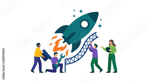 Team launching rocket for startup business success.
