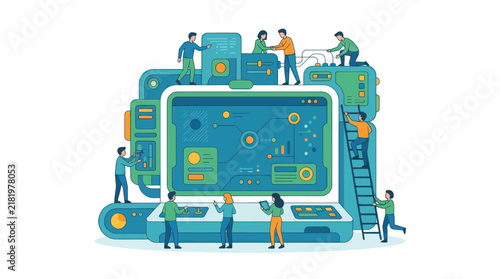 Team of people working on a complex computer system.
