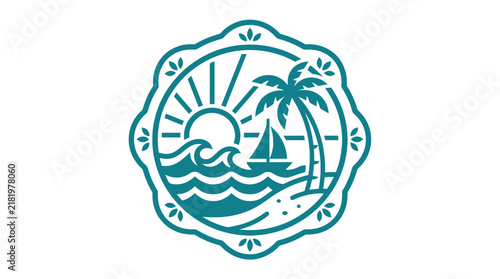 Tropical Beach Scene with Palm Tree and Sailboat.