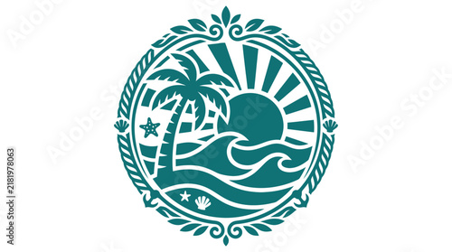 Tropical Beach Sunset Emblem with Palm Tree and Waves.