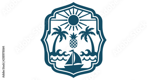 Tropical Emblem with Palm Trees and Sailboat.