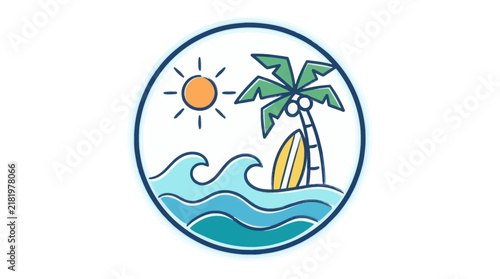 Tropical Beach Scene with Palm Tree and Surfboard.