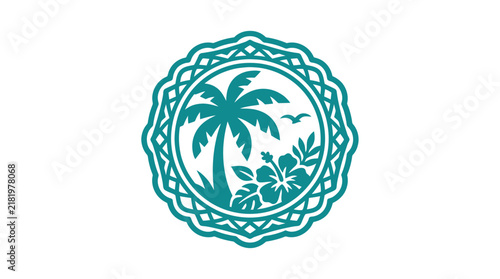 Tropical Island Paradise Emblem with Palm Tree and Exotic Flowers.