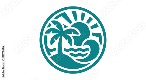 Tropical Island Paradise Logo with Palm Tree Sun and Ocean Waves.