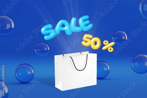 Foto Blue sale promotion with shopping bag and discount bubbles