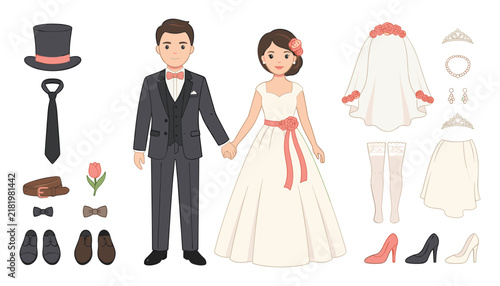 Bild auf Leinwand Wedding bride and groom couple vector illustration kit featuring dress up clothe