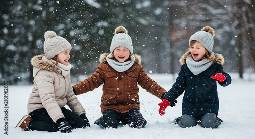 Winter Wonderland Playtime: Three joyful children bundled in warm winter attire share a moment of pure delight, playing together in the snow-covered landscape.