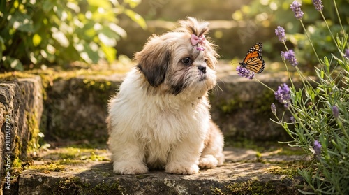 Shih tzu puppy curiously observes a monarch butterfly in a garden