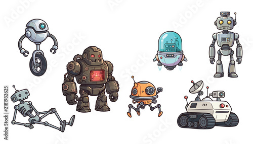 Obraz na płótnie Collection of various cartoon robot characters vector illustration featuring fut