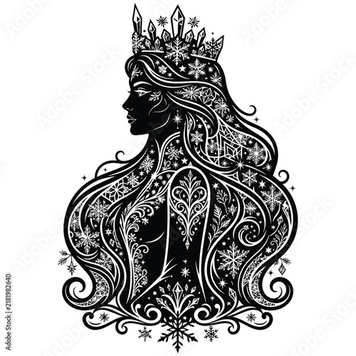 Snow Queen Vector Silhouette with Ice Crown Snowflake Hair Pattern and Winter Goddess Line Art for Christmas Craft and Coloring Page