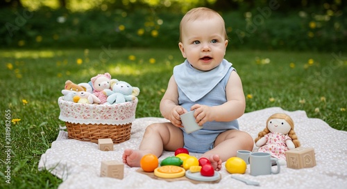Baby's First Picnic: A happy baby sits on a blanket in the grass, surrounded by toys and play food, enjoying a delightful outdoor moment.