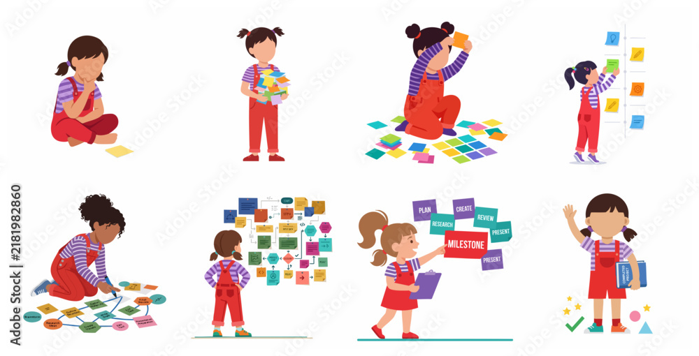 Fototapeta premium Vector set of little girls learning project management, planning tasks with sticky notes, and organizing business workflows