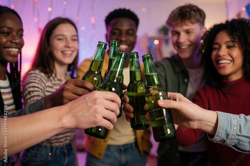 Obraz premium Diverse young friends in 20s cheer with beer bottles at cozy house party. People enjoy evening fun, celebrate good times, socialize, showing friendship, togetherness. Smiles, laughter fill room.