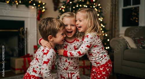 Christmas Morning Joy: Three delighted children in festive pajamas share a warm embrace on Christmas morning, surrounded by the magical glow of holiday decorations and gifts.