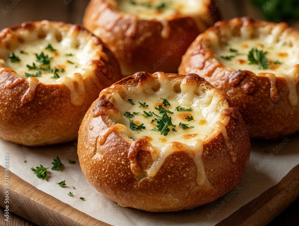 Obraz premium Freshly baked cheesy bread bowls with melted cheese, green herbs. Four crusty sourdough bread rolls filled with creamy savory snack. Warm homemade comfort food served on wooden board. Tasty bakery